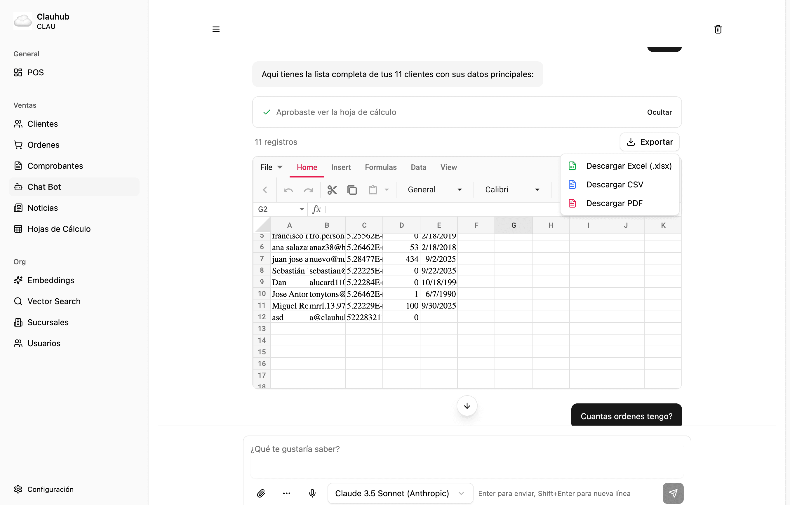Vista de gestión de clientes